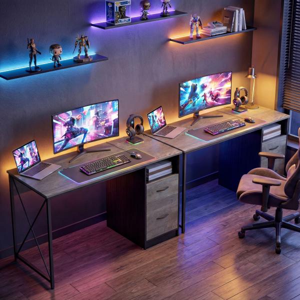 Mesa Gaming 120x50 cm Secretária Gaming Industrial com Compartimento e 2 Gavetas para Escritório Estúdio Cinzento Claro