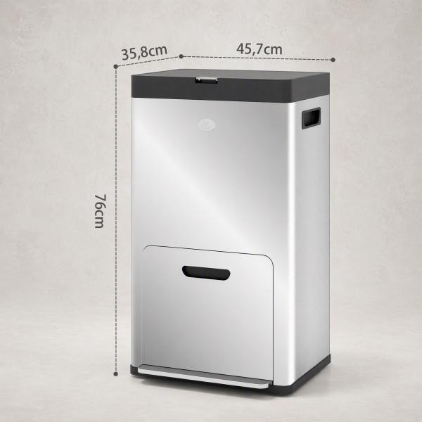 Caixote do Lixo de Cozinha 3 Compartimentos 2x18L+20L (56L) em Aço Inoxidável com Rodas e Tampa de Fecho Suave, Prateado
