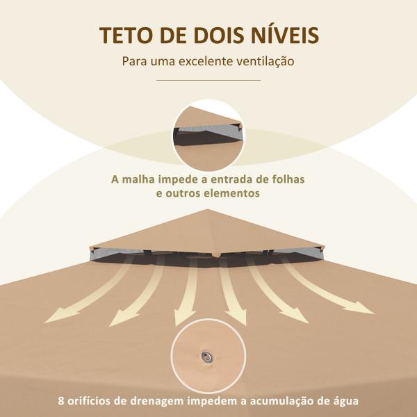 Cobertura de Substituição para Pérgola 300x300 cm com Duplo Teto e 8 Orifícios de Drenagem Cáqui