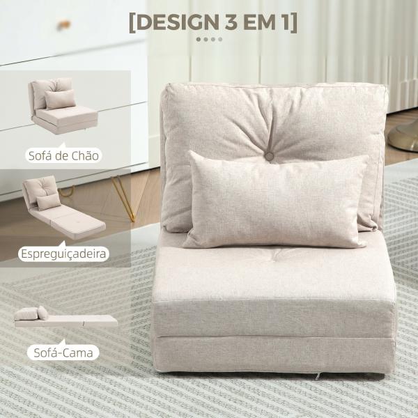 Sofá - Cama Individual Dobrável Estofado em Linho com Encosto Ajustável 5 Posições e 1 Almofada Bege