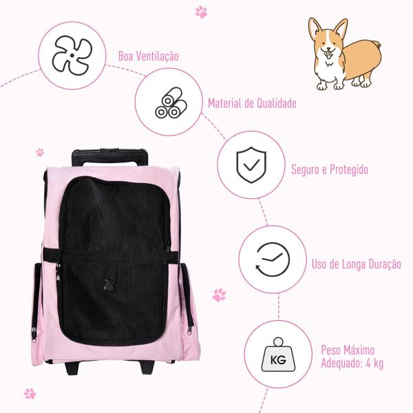 Transportadora 2 em 1 para Animais de Estimação Mochila ou Carrinho de Viagem para Cães e Gatos com 2 Rodas Alça Retrátil de Alumínio e Bolso de Armazenamento 42x25x55cm Rosa