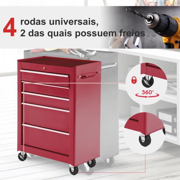 Carrinho de Ferramentas para Oficina com Rodas e 5 Gavetas Fechadura e Alça Lateral 61,5x33x85 cm Vermelho