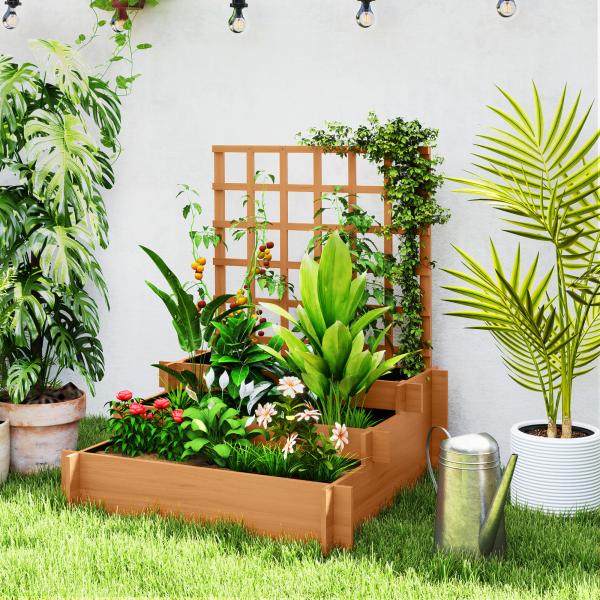 Floreira de 3 Níveis com Treliça Hortal Vertical com Tecido não Tecido para Cultivos de Verduras Flores 95x95x110 cm Castanho