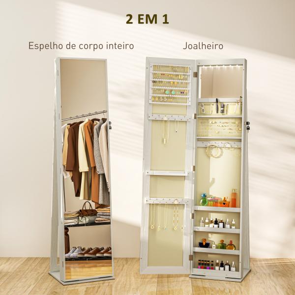 Joalheiro de Pé Armário para Joias com 6 Luzes LED Fechadura Prateleiras Suportes para Anéis 38x38x157 cm Branco e Bege