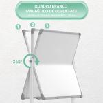Quadro Magnético de Dupla Face 120x90 cm Quadro Branco Giratório com Suporte Ímanes Marcadores e Apagador Branco
