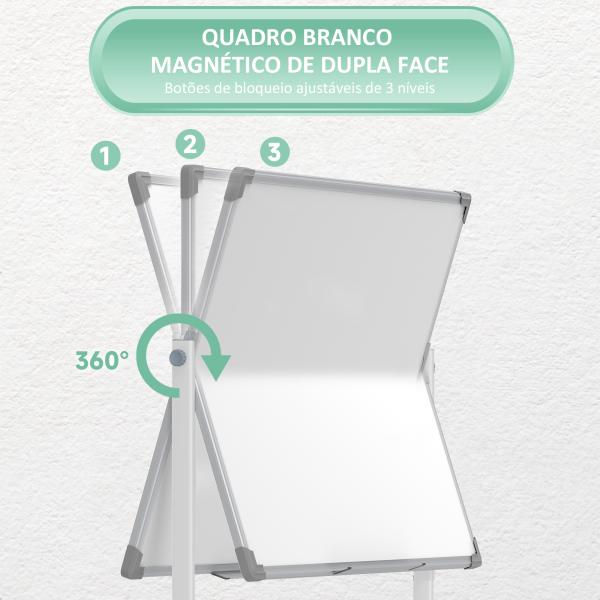 Quadro Magnético de Dupla Face 120x90 cm Quadro Branco Giratório com Suporte Ímanes Marcadores e Apagador Branco