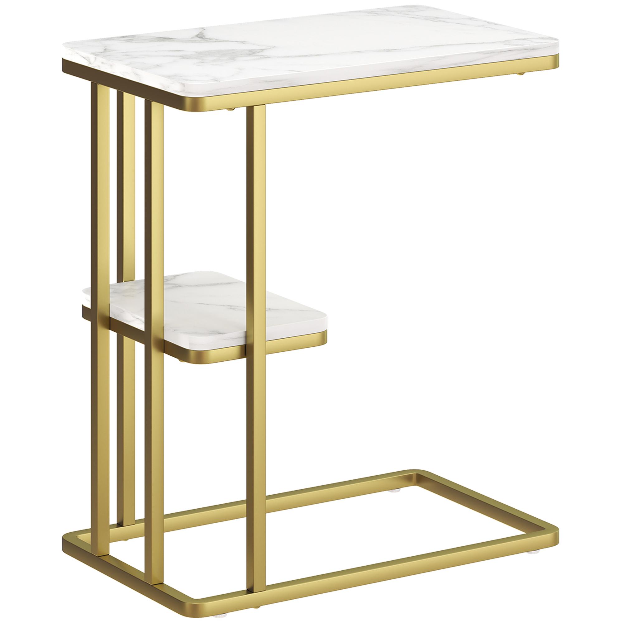 Mesa Auxiliar Estrutura em C Mesa Auxiliar Estreita de 2 Níveis com Prateleira 50x30x57,5 cm Branco Efeito Mármore