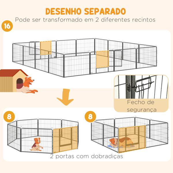Parque para Cães com 16 Painéis e 2 Portas, Recinto em Aço para Interior e Exterior 80x60 cm Cinzento