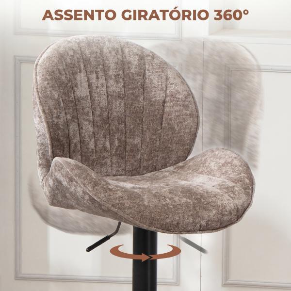 Conjunto de 2 Bancos de Bar Giratórios em Chenille com Altura Ajustável 62 - 83 cm, Encosto e Apoio para os Pés, Moka