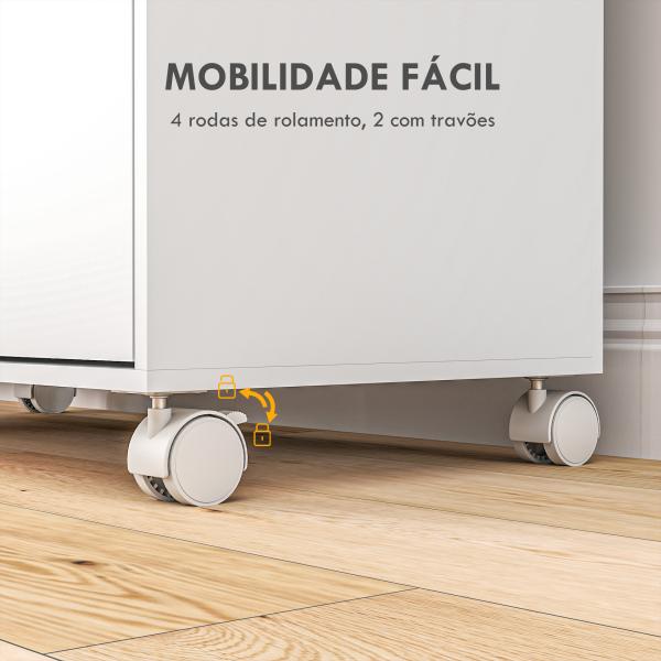 Móvel de Engomar de Madeira com Rodas Barra para Pendurar Roupa Prateleira Aberta e Tábua Dobrável 107x42,5x99 cm Branco