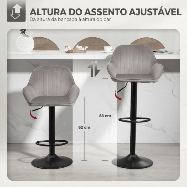 Conjunto de 2 Bancos de Bar Giratórios em Veludo, Altura Ajustável 62 - 83 cm, com Encosto e Apoio para os Pés, Cinzento