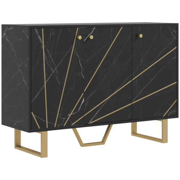 Aparador de Sala de Estar com 2 Armários e Prateleira Interior Ajustável com Efeito Mármore 107x35x75 cm Preto e Dourado