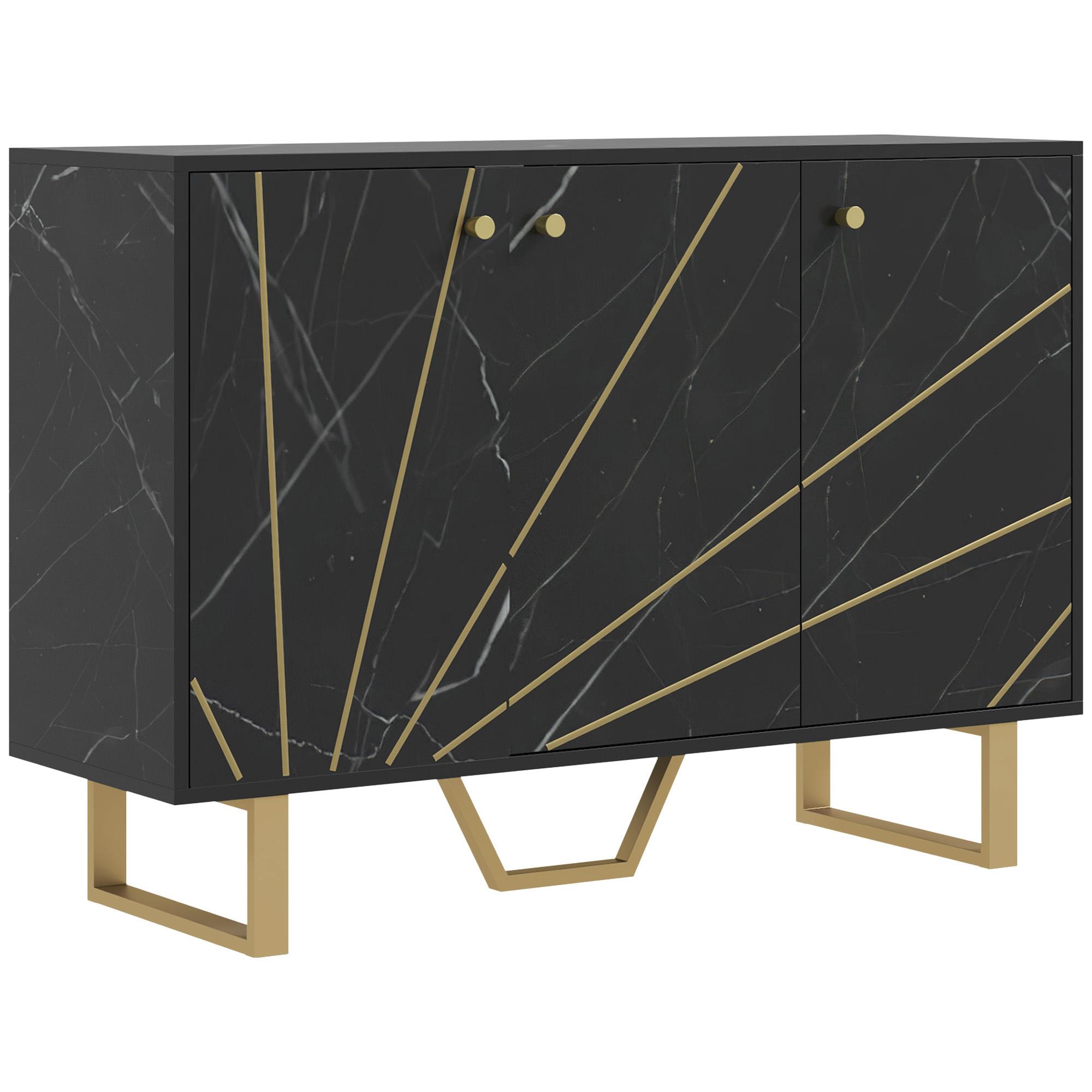 Aparador de Sala de Estar com 2 Armários e Prateleira Interior Ajustável com Efeito Mármore 107x35x75 cm Preto e Dourado