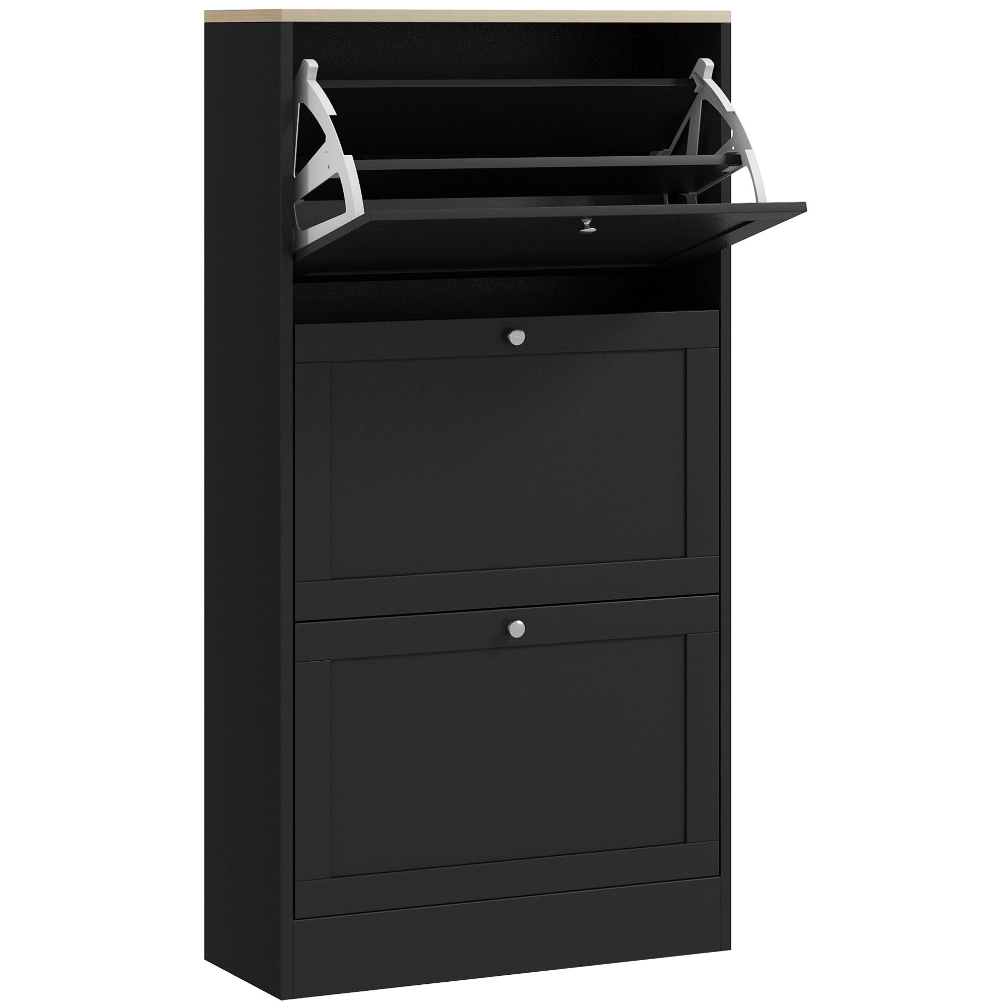 Móvel Sapateira de Entrada com 3 Gavetas Basculantes e Prateleiras Ajustáveis para 18 Pares de Sapatos 60x23,5x115 cm Preto