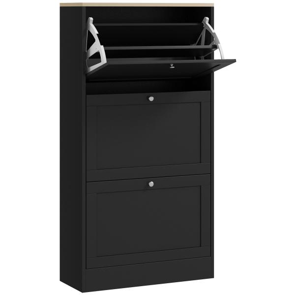 Móvel Sapateira de Entrada com 3 Gavetas Basculantes e Prateleiras Ajustáveis para 18 Pares de Sapatos 60x23,5x115 cm Preto