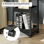 Mesa Auxiliar Industrial em Forma de C com Rodas Prateleiras Abertas e Estrutura de Aço 51x33x66 cm Marrom Escuro e Preto