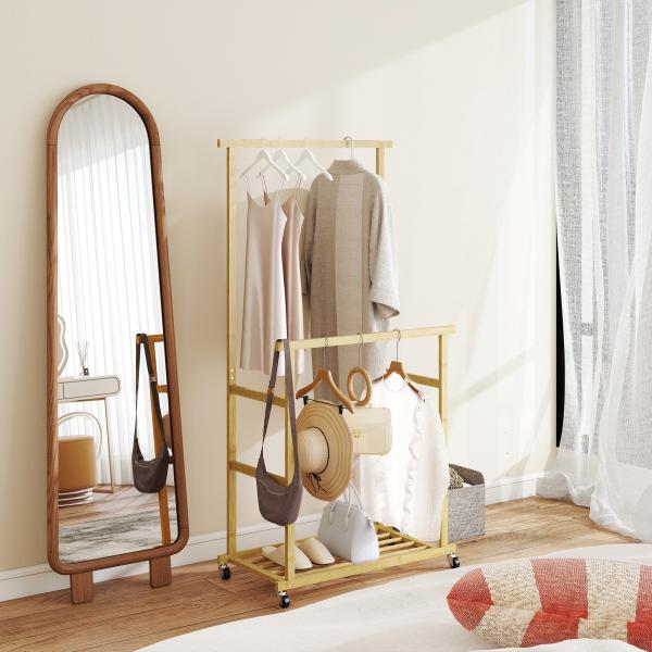 Charriot com Rodas de Bambu com Sapateira 2 Barras para Pendurar para Entrada Corredor Quarto 80x40x160 cm Madeira