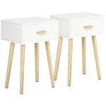 Conjunto de 2 Mesas de Cabeceira com Gaveta e Pés de Madeira Estilo Moderno 40,5x30,5x60cm Branco e Madeira