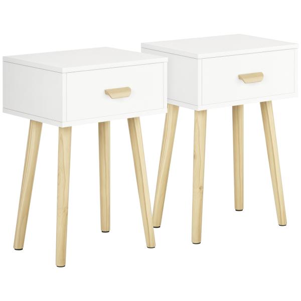 Conjunto de 2 Mesas de Cabeceira com Gaveta e Pés de Madeira Estilo Moderno 40,5x30,5x60cm Branco e Madeira