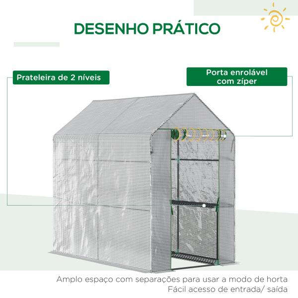 Estufa de Jardim Estufa Caseira com 4 Prateleiras Porta Enrolável Cobertura de PE 140g/m² e Estrutura de Aço para Cultivos de Plantas Flores 120x186x190cm Branco