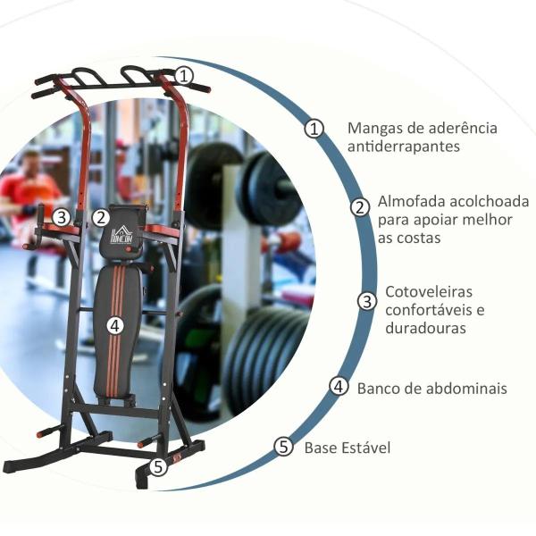 Estação de Musculação Torre de Treinamento com Altura Ajustável e Encosto Regulável em 7 Posições Barra de Elevação Flexões Aço 108x178x202 - 238cm Preto