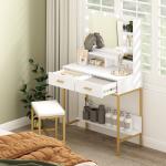 Toucador de Maquilhagem com Luz e Banco Mesa de Maquilhagem com 2 Gavetas e Prateleiras Estilo Moderno para Quarto Branco