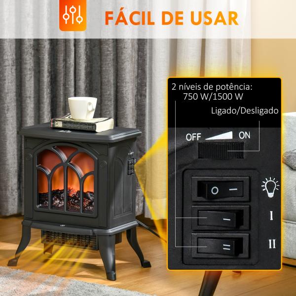 Lareira Elétrica 750/1500 W Lareira Decorativa com 2 Níveis de Potência Efeito Chama Área de Cobertura 15 - 20 m² 37,3x23,1x44 cm Preto