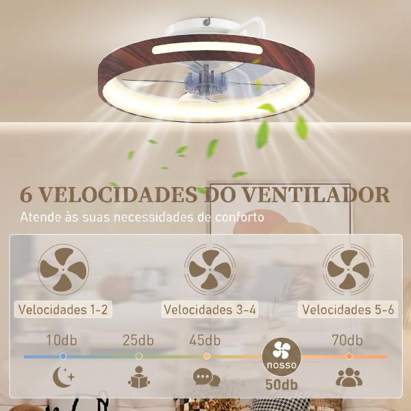 Ventilador de Teto com Luz LED 40 W Motor DC Reversível Comando à Distância 6 Velocidades 3 Cores Temporizador Teca