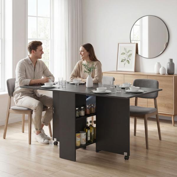 Mesa de Cozinha Dobrável com 2 Prateleiras de Armazenamento e Laterais Dobráveis 75x140x74 cm Preto