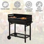 Barbecue a Carvão com Grelha Ajustável em Altura Prateleira de Armazenamento e Rodas 90x45x96 cm Preto