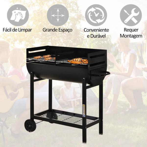 Barbecue a Carvão com Grelha Ajustável em Altura Prateleira de Armazenamento e Rodas 90x45x96 cm Preto