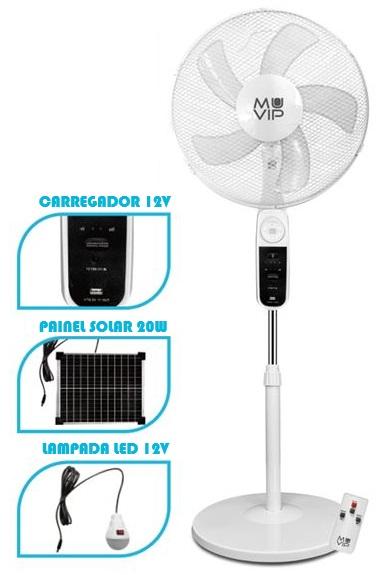 Ventoinha de Pé Solar 4 Velocidades 12000mAh c/ Comando e Luz LED (Ø40cm) - MUVIP