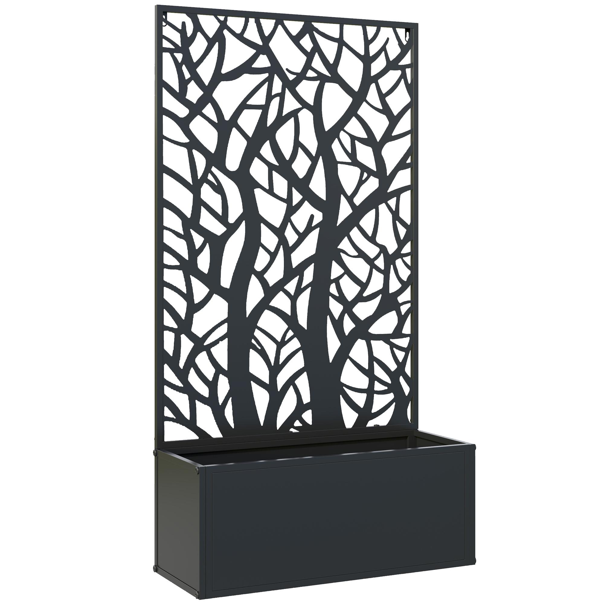 Floreira de Metal com Ecrã de Privacidade com Ramos Decorativos Floreira de Parede ou Independente 61x23x113 cm Preto