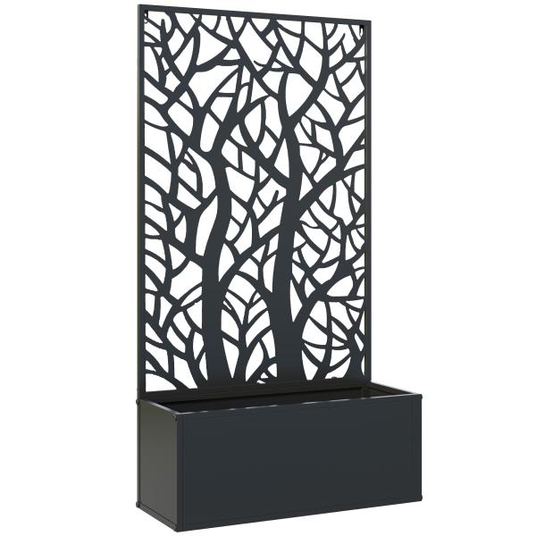Floreira de Metal com Ecrã de Privacidade com Ramos Decorativos Floreira de Parede ou Independente 61x23x113 cm Preto
