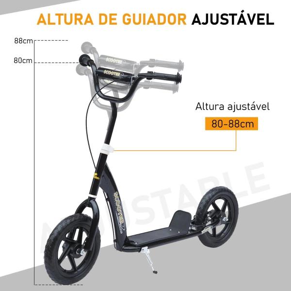 Trotinete para Crianças acima de 5 anos Scooter de 2 Rodas Grandes de 12 Polegadas com Freio e Guidão Ajustável em Altura Carga Máx. 50kg 120x52x80 - 88cm Preto
