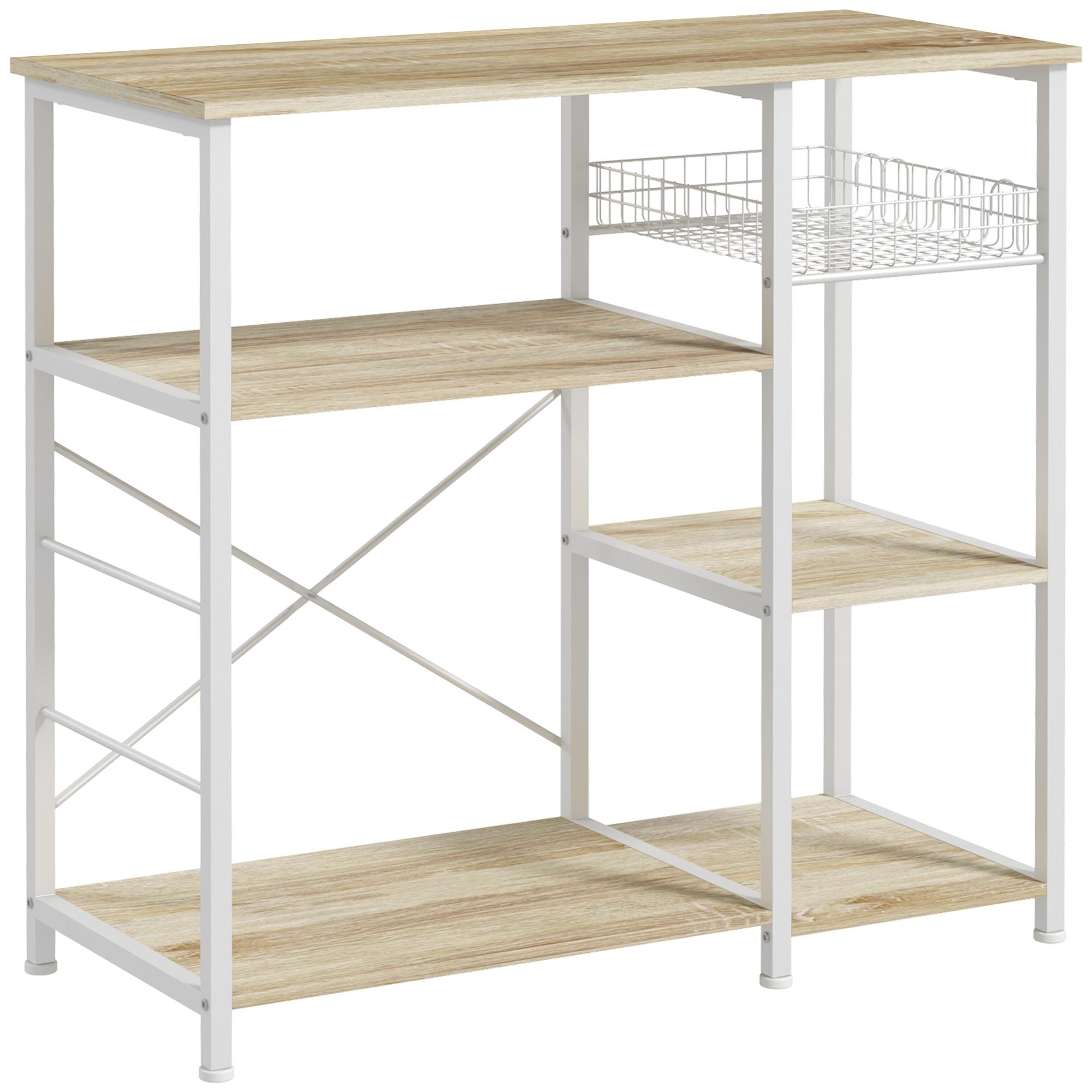 Estante de Cozinha com 1 Cesto 4 Ganchos em S 6 Pés com Almofadas Ajustáveis e Prateleiras 90x40x84,5 cm Carvalho e Branco
