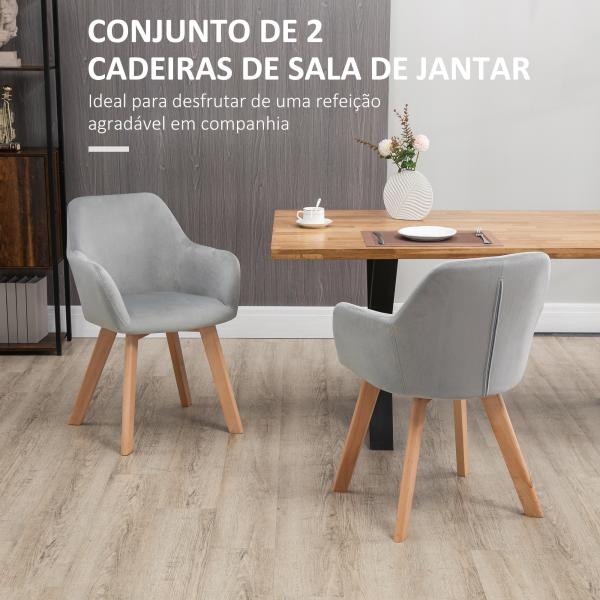 Cadeiras de Jantar Conjunto de 2 Estofadas em Veludo Encosto Médio Pés de Madeira para Sala de Jantar Cinza