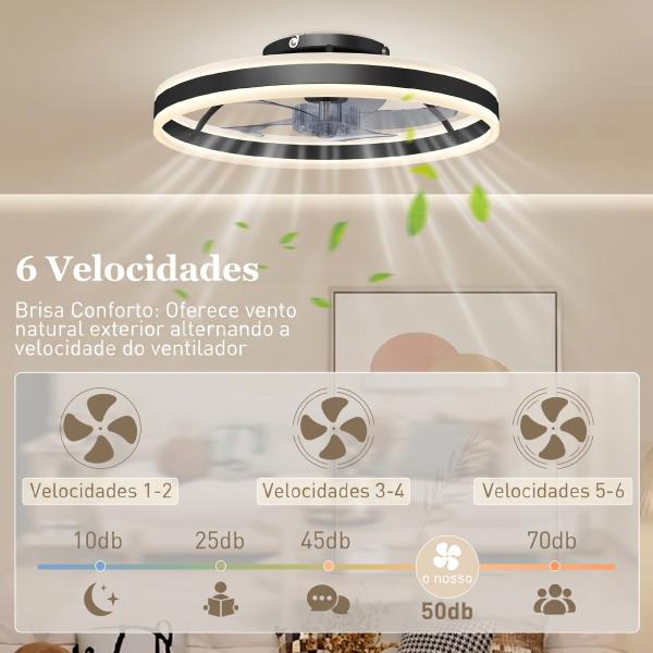 Ventoinha de Teto com Luz LED 6 Velocidades Motor Reversível e Comando Remoto Potência 45W Ø50x13,5 cm Preto