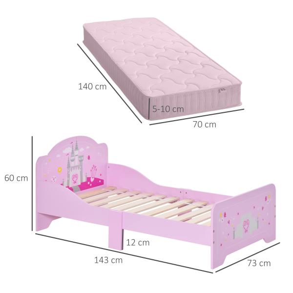 Cama Infantil Meninas c/ Barreira de Proteção 143x73 cm Carga Máx. 50kg para Crianças acima de 3 Anos Rosa