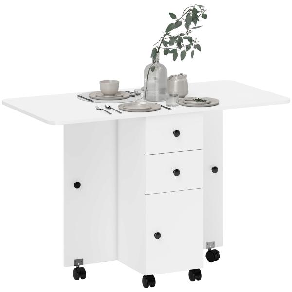 Mesa Dobrável c/ 2 Gavetas e Rodas para Jantar Mesa Auxiliar Multifuncional 120x60x76,5cm Branco