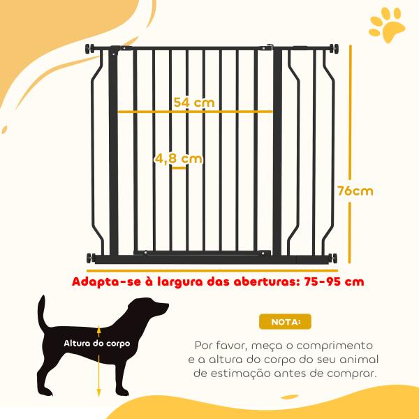 Barreira de Segurança para Cães Extensível para Escadas e Portas 75 - 95 cm com 1 Extensão e 10 cm Altura 76 cm Preto
