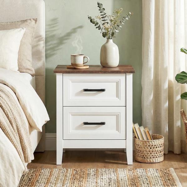 Mesa de Cabeceira Mesa de Cabeceira com 2 Gavetas Estilo Rústico 45x30x50 cm Branco