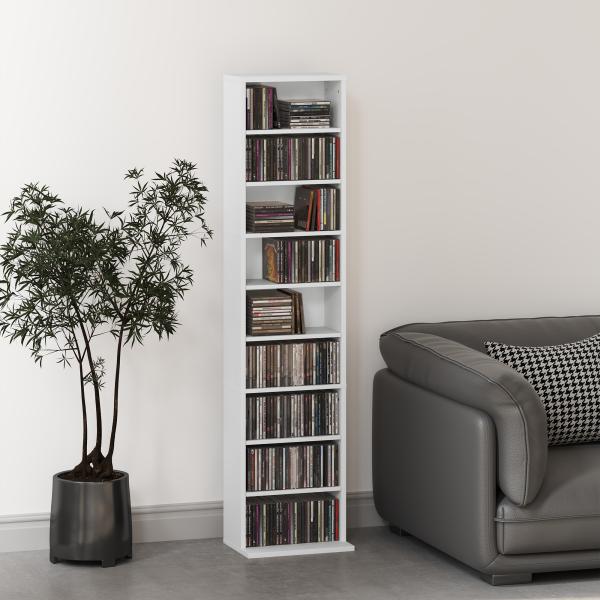 Estante para CDs e DVDs Suportes para CD Estreitos com 9 Compartimentos Prateleiras Ajustáveis 33x24x140 cm Branco