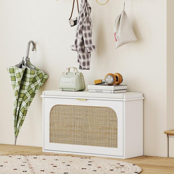 Banco para Sapatos Boho com Assento Acolchoado Porta de Rattan Gaveta Basculante Prateleira Ajustável 8 Pares 80x26x47,5 cm Branco
