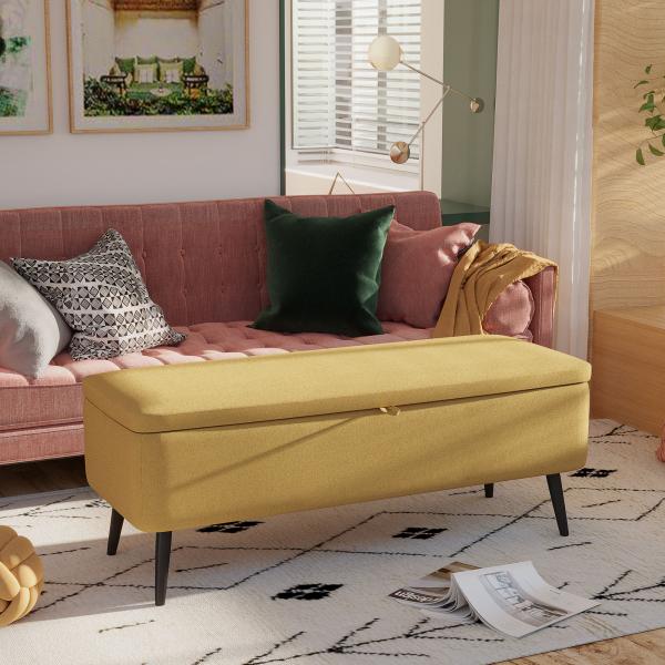 Banco de Armazenamento Estofado em Linho com Tampa Abatível e Pés de Aço Carga Máxima 150kg 101x38,5x44,5 cm Amarelo