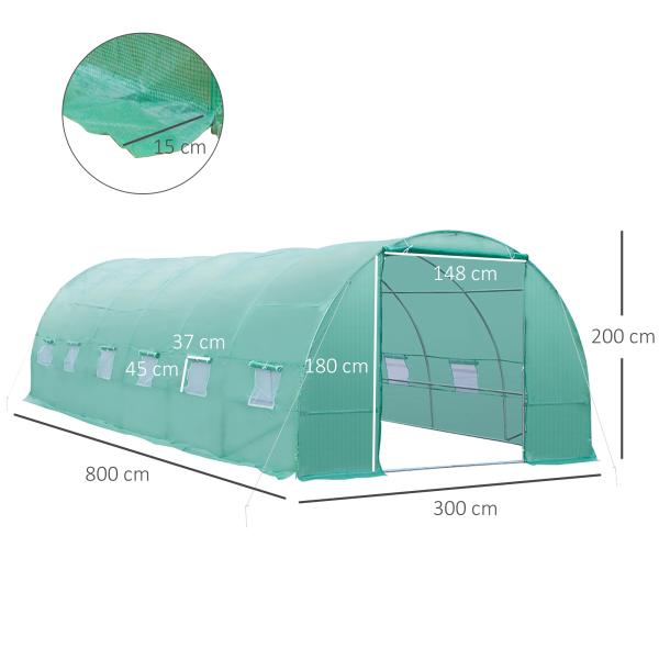 Estufa tipo Túnel 8x3x2m Aço e PE 140 g/m² Estufa para Cultivo de Plantas Tomates Verduras com 12 Janelas e Porta Enroláveis Verde