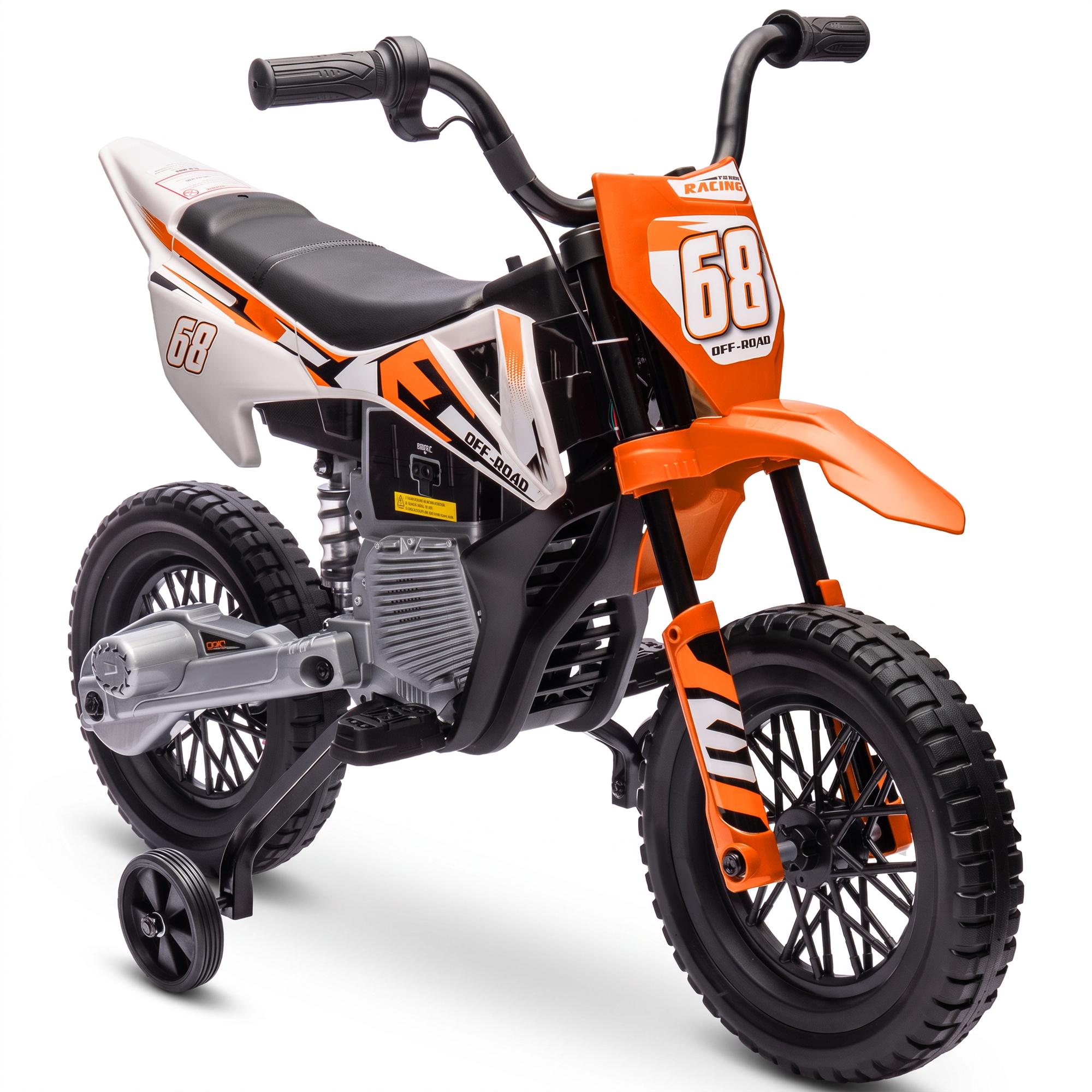 Moto Elétrica Infantil 12V com Música, Velocidade 2,4 - 5 km/h, Rodas Auxiliares, 109,5x60x72,5 cm, Laranja