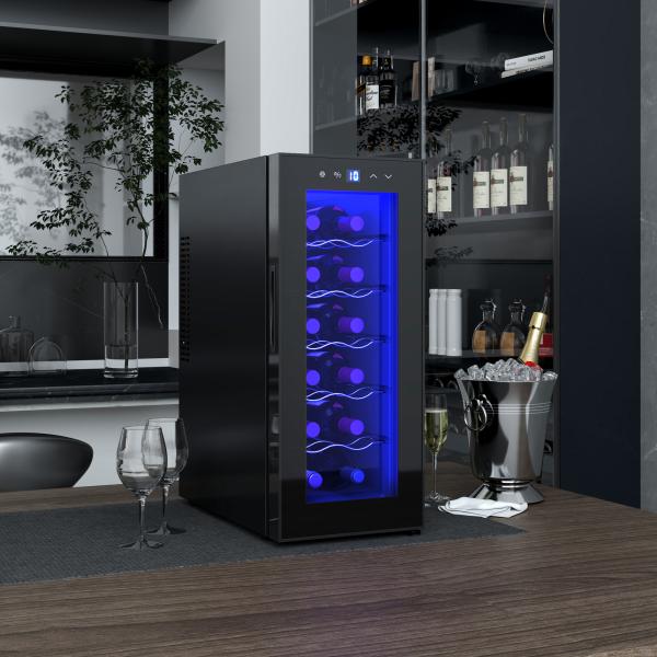 Cave de Vinhos 12 Garrafas com Dupla Refrigeração Termoelétrica Temperatura Ajustável 8 - 18℃ Porta de Vidro Anti - UV Ecrã LED Luz Interior Preto