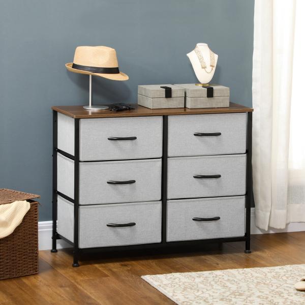 Cómoda Estilo Industrial Cómoda com 6 Gavetas de Tecido Dobrável com Pés com Almofadas Ajustáveis 80x30x62,5 cm Cinza e Marrom