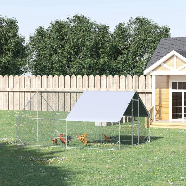 Galinheiro de Exterior Grande 3x4x2m Gaiola para 8 - 12 Galinhas de Aço Galvanizado com Teto de PE e Fechadura para Coelhos Prata